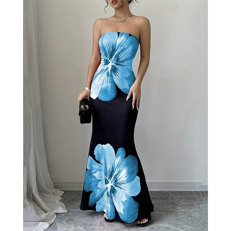Women's Long Dress Maxi Dress Prom Dress Bodycon Summer Dress Elegant Fashion Party Holiday Date Regular Fit Flower Sleeveless Strapless Red Blue Summer Spring2