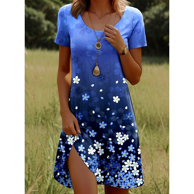Women's Mini Dress Casual Dress T Shirt Dress Tee Dress Sundress A Line Dress Stylish Casual Holiday Beach Regular Fit Ombre Floral Graphic Short Sleeve Crew Neck Scoop Neck Ice Blue White Pink Dark2