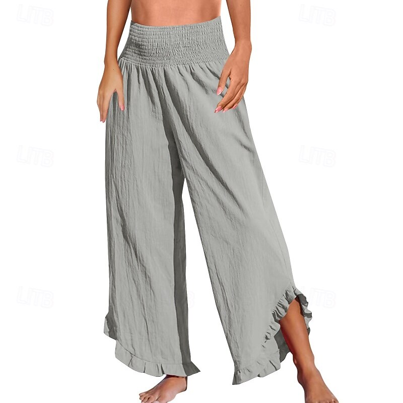 Women's Cotton Linen Pants Culottes Wide Leg Slacks Fashion Streetwear Full Length Natural Plain Elastic Waist Split Comfy Outdoor Comfortable Outdoor Going out Wine Depression Green River Blue Black3