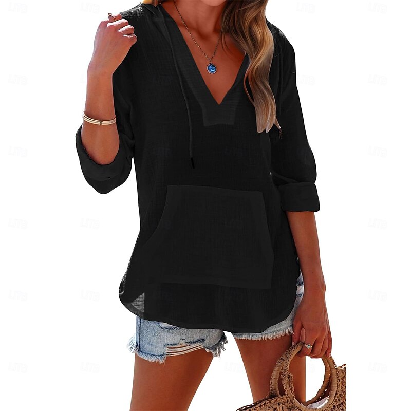 Women's Cotton Linen Blouse Solid Color Elegant Casual Long Sleeve V Neck Regular Tops Daily Holiday Pocket Black White Pink Blue Summer Spring4