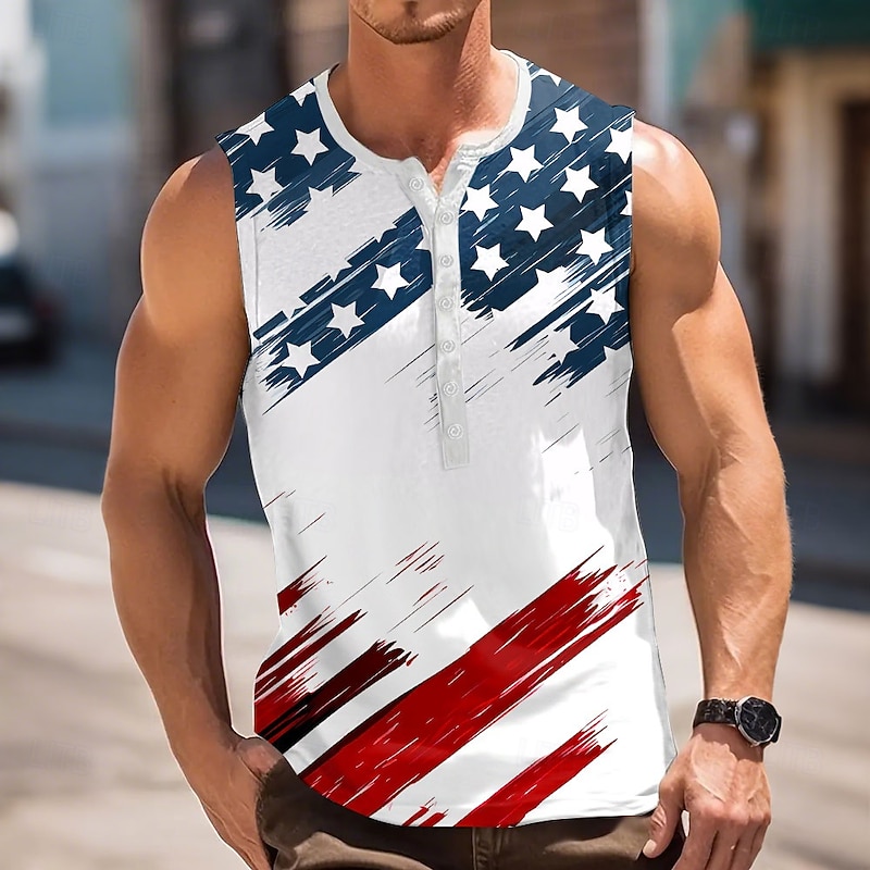 Men's Flag Stars and Stripes Tank Top Henley Shirt Sleeveless Vintage Fashion Designer Outdoor Casual Daily Summer Spring & Fall 1 2 3 Henley Henley T-Shirt