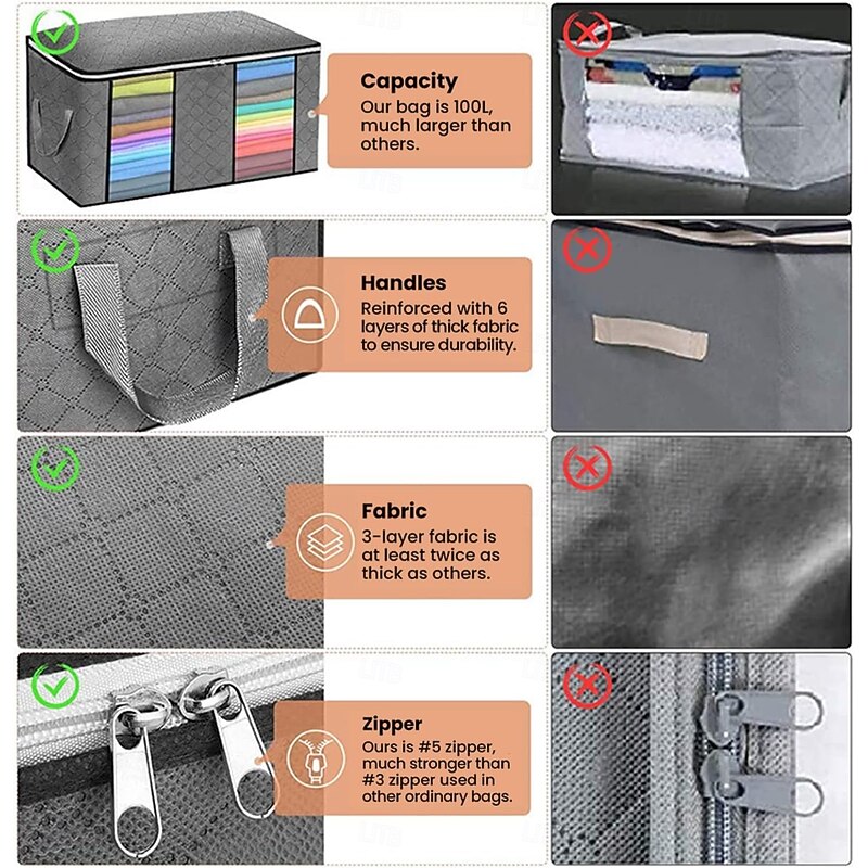 4 Pack Foldable Storage Bags Under-bed Storage, Bedding Storage Bags with Clear Window and Reinforced Handles, Reusable Bag Organizer with Smooth Zipper, for Clothes Blankets Comforters3