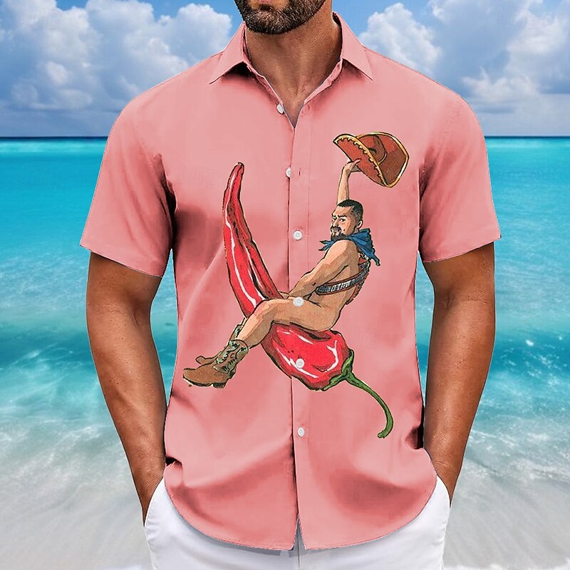 Men's Funny Cowboy Pepper Shirt Summer Hawaiian Shirt Button Up Shirt Short Sleeve Hawaiian Resort Vacation Holiday Beach Wear Summer Spring Turndown 3D Print Collared Shirts Pink Blue Khaki