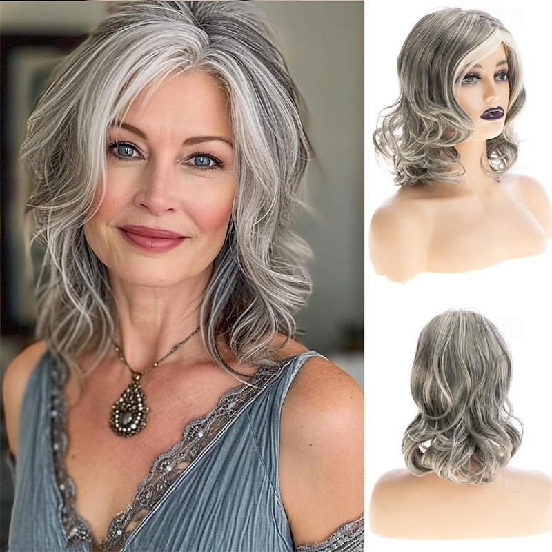 White Mixed Gray Wig for Women Medium Length Curly Layered Wig Natural Looking Heat Synthetic Middle Part Gray Wigs for Daily Party Use