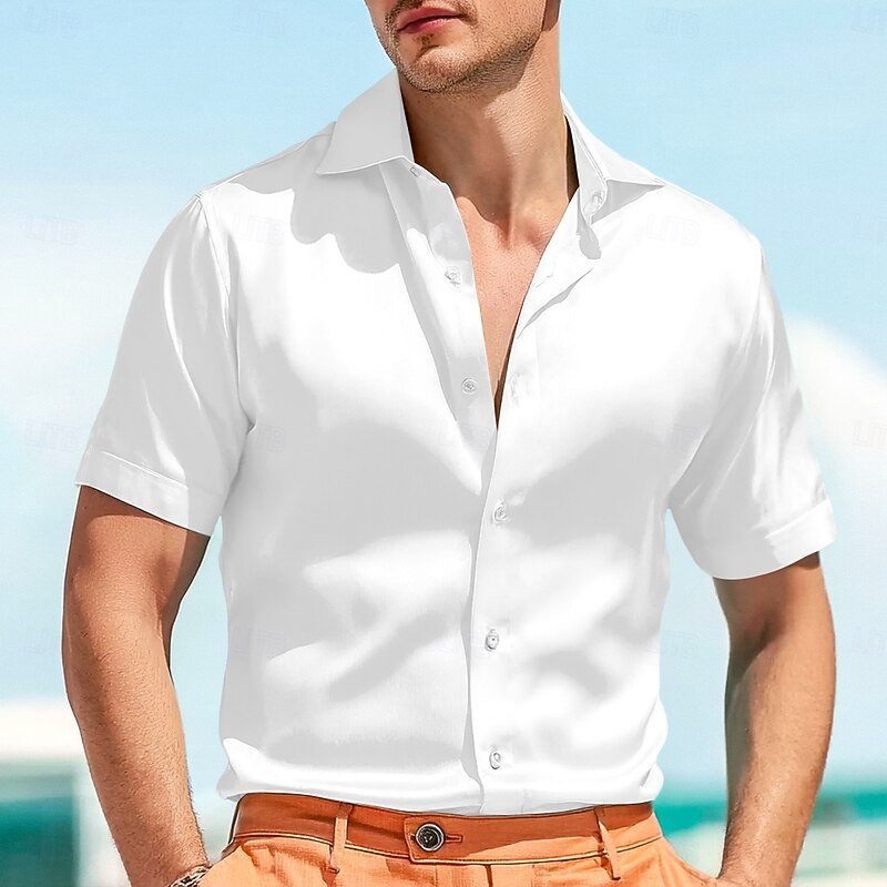 Men's Shirt Satin Shirt Summer Shirt Beach Wear Casual Shirt Button Up Shirt White Light Green Blue Short Sleeve Plain Lapel Wedding Vacation Clothing Apparel Fashion Casual Comfortable4