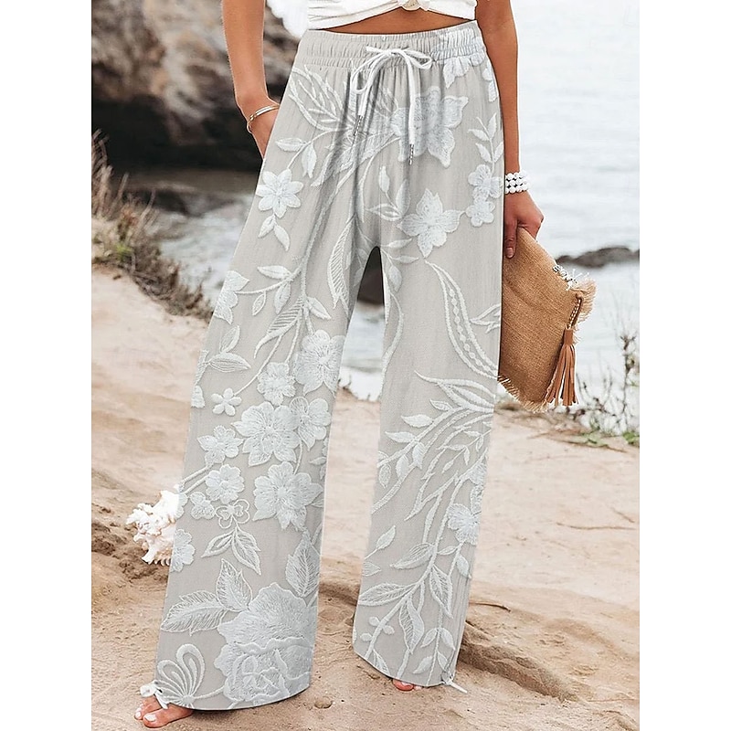 Women's Wide Leg Chinos Baggy Pants Vacation Fashion Hawaiian Full Length High Waist Floral Graphic Printing Soft Breathable Micro-elastic Casual Daily Casual Daily Pink Blue Purple Beige Summer2