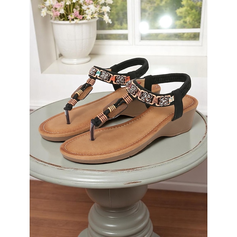 Women's Boho Beaded Thong Wedge Sandals with Wood Accents – Ethnic Style Summer Shoes for Travel, Beach Vacations, and Daily Comfort