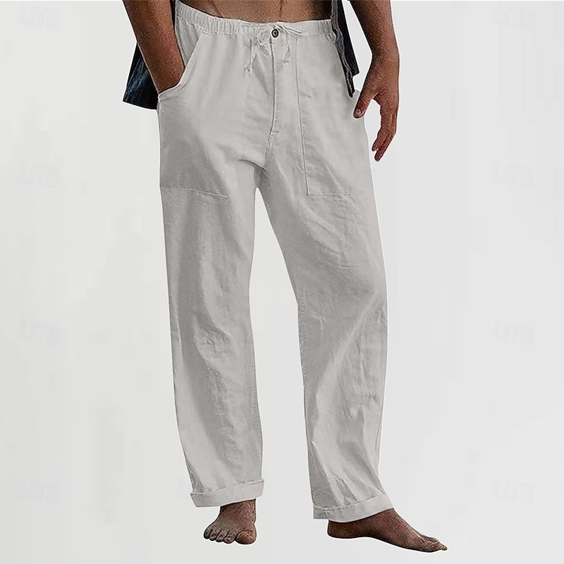 Men's Linen Pants Trousers Summer Pants Beach Pants Pocket Drawstring Elastic Waist Plain Comfort Breathable Vacation Daily Holiday Hawaiian Boho Lake blue turmeric3