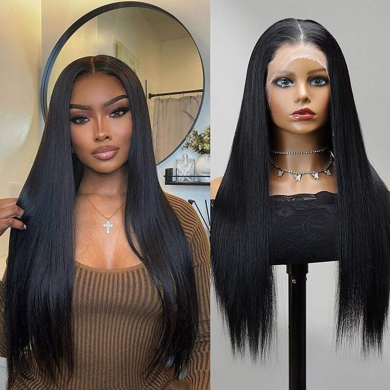 Synthetic Lace Wig Straight Style 26 inch Black Middle Part 13x4 Lace Front Wig Women's Wig Black