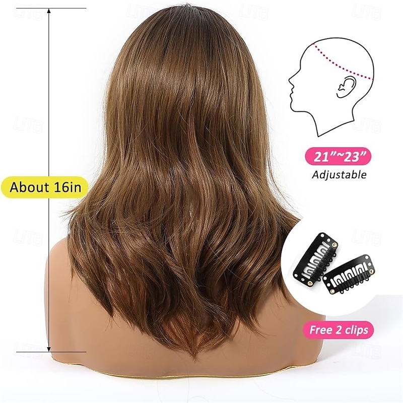 Ombre Brown Wig for Women with Curtain Bangs Medium Length Natural Curly Synthetic Hair Heat Resistant Wigs for Daily Party Cosplay Wear2