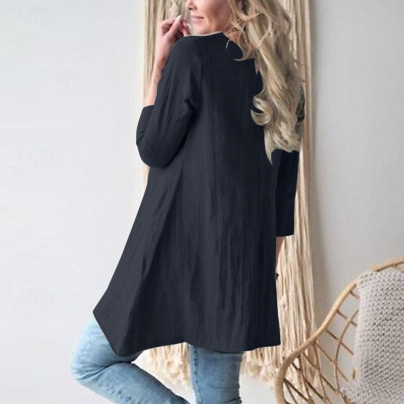 Women's Cotton Linen Shirts Plain Daily Stylish Basic 3/4 Length Sleeve Crew Neck Regular Tops Work Daily Holiday Pocket Black Navy Blue Khaki Spring Fall4