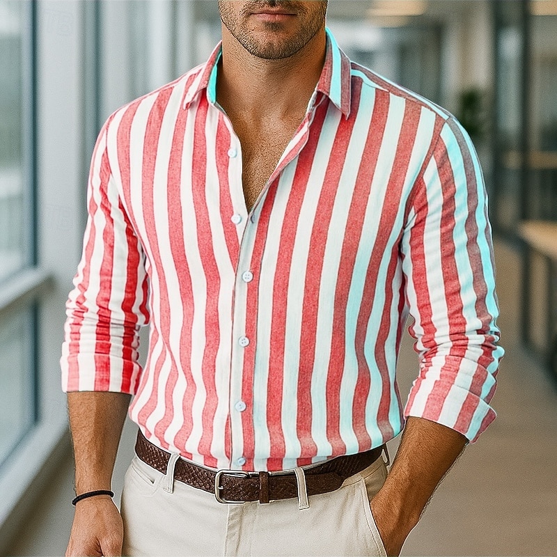 Men's Cotton Linen Shirt Stripe Vacation Daily Wear Red Dark Navy Sky Blue Brown Long Sleeve Lapel Clothing Apparel2