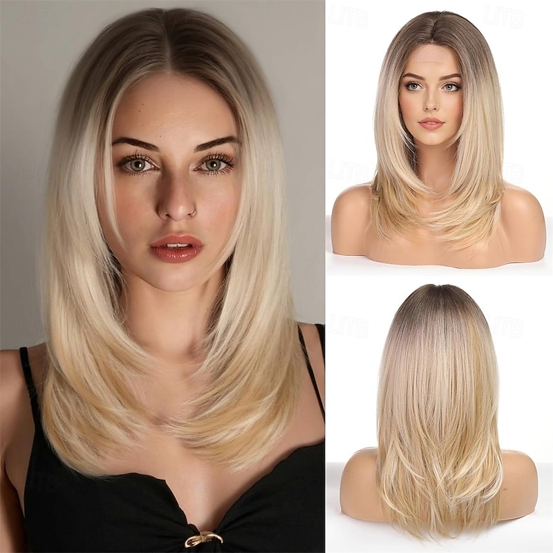 Layered Straight Blonde with Dark Roots Wigs for Women Heat Resistant Wig with fringe for Daily