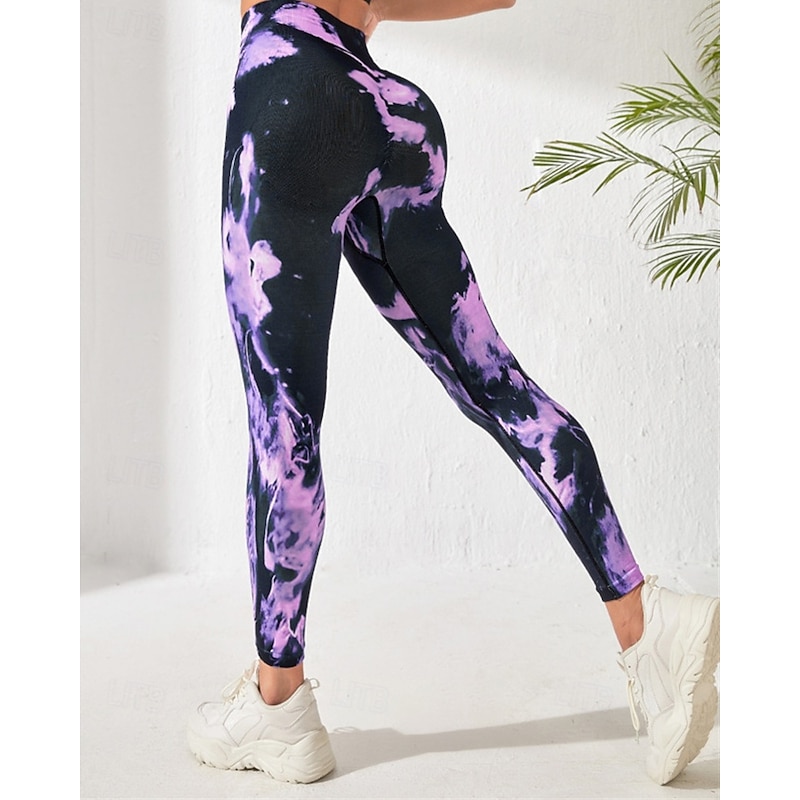 Women's Yoga Pants Yoga Leggings Elastic Waistband Butt Lift Tummy Control Pilates Gym Workout Workout Pants Tie Dye Purple Fall Sports Activewear Stretchy Slim3