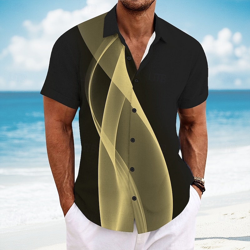 Men's Geometric Line Abstract Art Shirt Summer Shirt Button Up Shirt Short Sleeve Fashion Casual Outdoor Vacation Dailywear Summer Turndown 3D Print Linen Like Shirt Yellow Red Blue Green Gray3