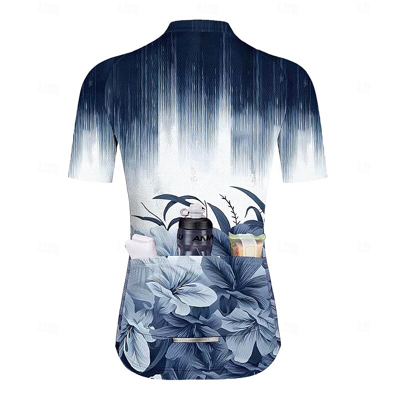 Women's Cycling Jersey Graphic Gradient Floral Botanical Short Sleeve Bike Jersey Top with 3 Rear Pockets Sunscreen UV Resistant Quick Dry Reflective Strips Sports Dark Navy Clothing Apparel2