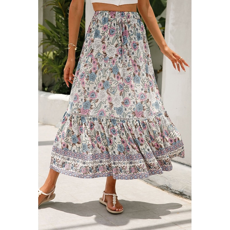 Women's Skirt Bohemia Casual Boho Maxi Mid Rise Skirts Floral Print Micro-elastic Vacation Street Almond Red Blue Orange Summer Rayon