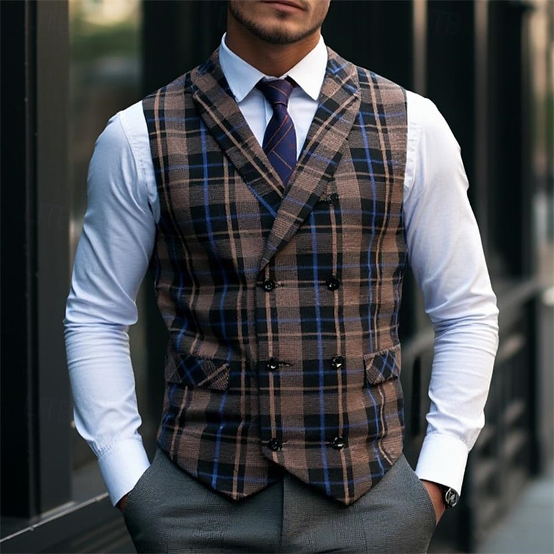 Men's Vest Waistcoat Gilet Vacation Party Business Fashion Casual Spring &  Fall Buttons Pocket Polyester Comfortable Plaid Double Breasted Lapel Regular Fit Light Coffee Black Dark Gray Coffee Vest