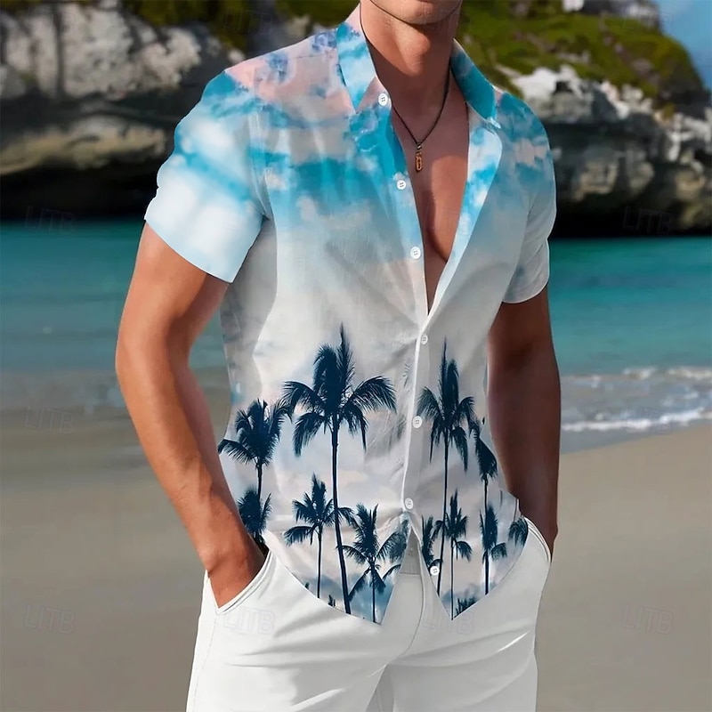 Men's Cloud Coconut Tree Tropical Plants Summer Hawaiian Shirt Button Up Shirt Aloha Shirt Short Sleeve Hawaiian Resort Vacation Holiday Beach Wear Summer Spring Turndown Collared Shirts Blue