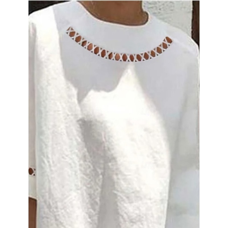 Women's Cotton Linen Blouse Solid Color Basic Casual 3/4 Length Sleeve High Neck Regular Tops Daily Patchwork Hollow Out Blue Summer2