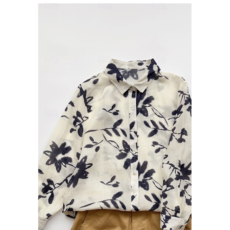Women's Shirt Button Up Cotton Linen Shirt Blouse Flower Casual Long Sleeve Shirt Collar Regular Tops Daily Going out Print White Summer2