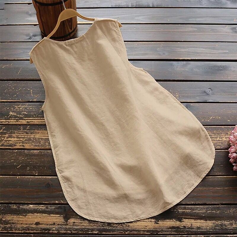 Women's  Cotton Linen Vest Plain Basic Casual Short Sleeve Crew Neck Regular Tops Daily Going out Asymmetric Hem Black White Khaki Summer4