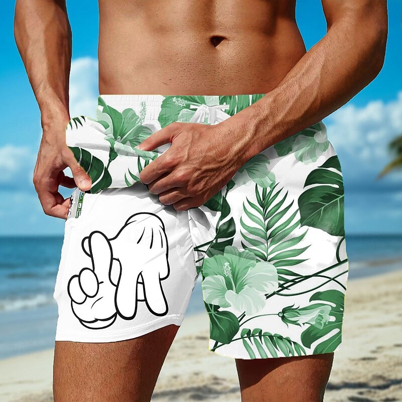 Men's Palm Leaf Cartoon Hand Print Lined Shorts 2 in 1 Board Shorts Swim Shorts Mid Waist Hawaiian Holiday Beach Wear Side Pockets With Compression Liner Elastic Drawstring Waist Designer Clothing2