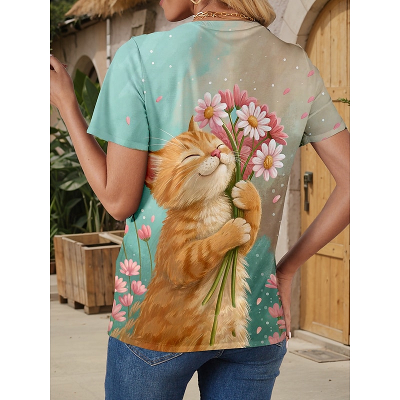Women's T Shirt Graphic Animal Cat Stylish Classic Modern Short Sleeve Crew Neck Round Neck Regular Tops Daily Going out Weekend Print Orange Summer Spring2