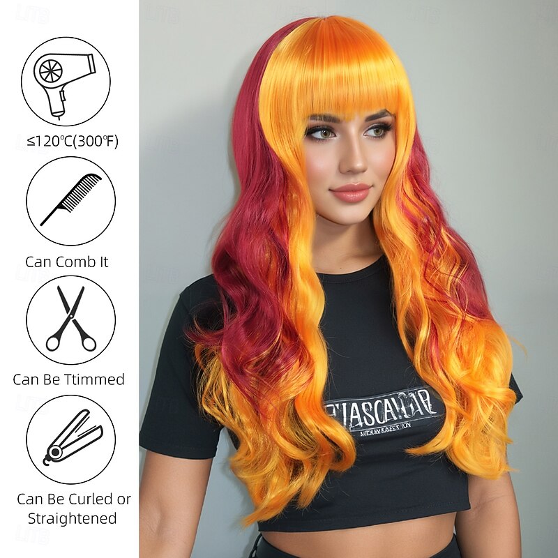 Synthetic Wig Wavy Curly Weave Layered Haircut Neat Bang Machine Made Wig 26 inch A1 Synthetic Hair Women's Cool Classic Comfortable Multi-color2