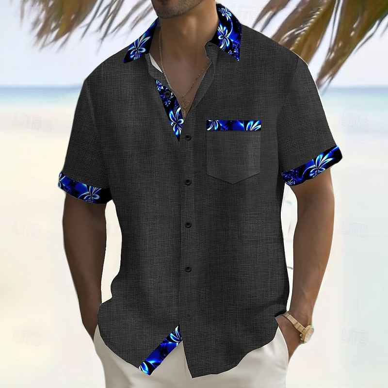 Men's Tropical Flowers Neon Shirt Summer Hawaiian Shirt Button Up Shirt Short Sleeve Hawaiian Vacation Holiday Beach Wear Summer Turndown 3D Print Front One Pocket Linen Like Shirt Black
