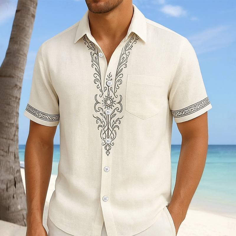 Men's Shirt Linen Shirt Viking Style Summer Shirt Beach Wear Button Up Shirt Solid Color Vacation Curise Beige Short Sleeve Collar Summer Spring & Summer Clothing Apparel Color Block