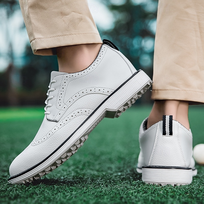 Men's White Brogue Golf Shoes – Durable Faux Leather Lace-Up Sneakers with Perforated Detailing for Golf and Sports Enthusiasts