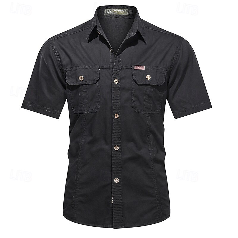 Men's Shirt Summer Shirt Casual Shirt Button Up Shirt Cargo Shirt Black Yellow Blue Deep Blue khaki Short Sleeve Plain Shirt Collar Vacation Hawaiian Pocket Clothing Apparel 100% Cotton Fashion3