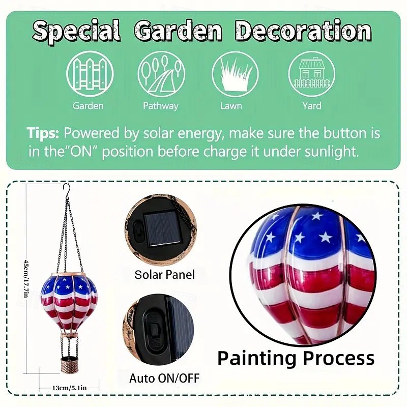 1pc, Hot Air Balloon Solar Independence Day Lantern with Flickering Flame Light, Outdoor Solar Hanging Lights for Garden Yard Patio, Holiday Decoration-American Flag Patriotic Lamp3