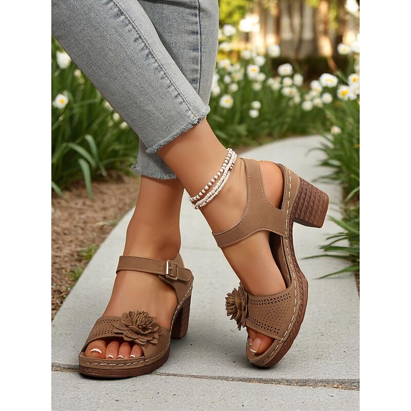 Women's Chunky Heel Floral Sandals – Brown Faux Leather Summer Shoes with Ankle Strap & 3D Flower Design for Garden Walks and Outdoor Gatherings2