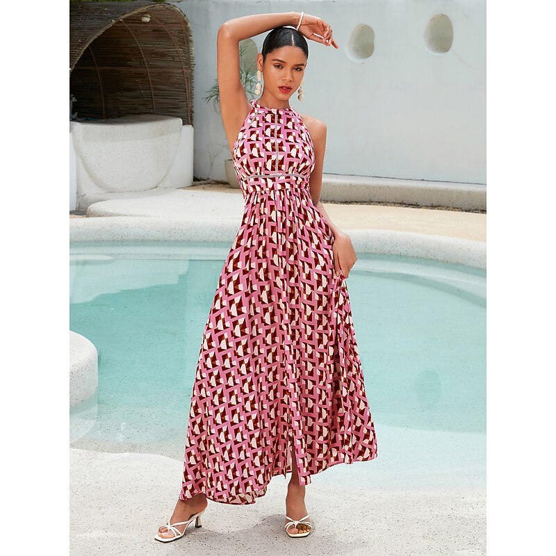 Rayon Geometric Lace Trim Maxi Dress3