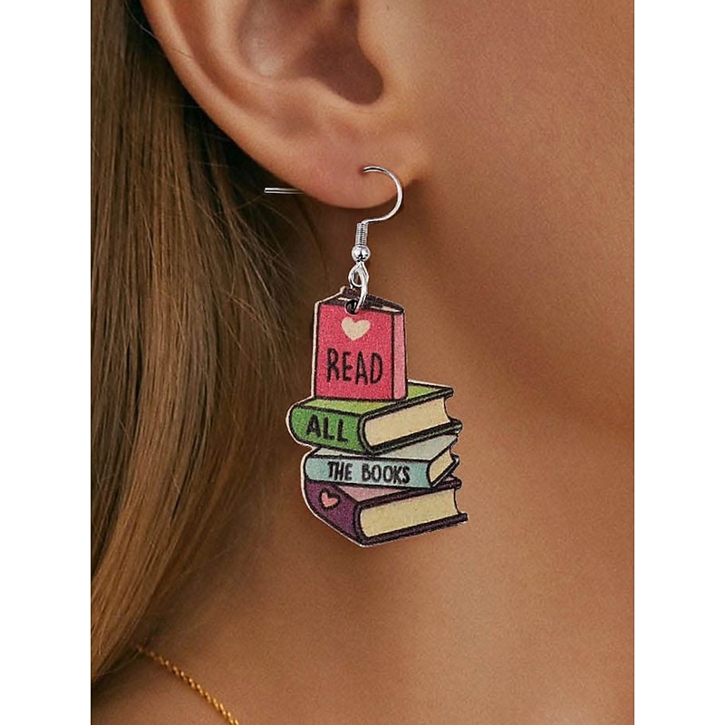 Women's Colorful Book Stack Earrings - Lightweight Wooden Pendant Jewelry for Teachers, Students, Book Lovers - Fun Back to School or Graduation Gift2