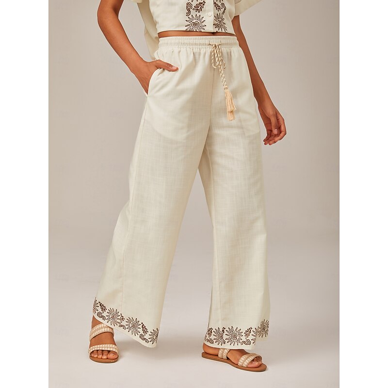 Linen Print Wide-Leg Pants