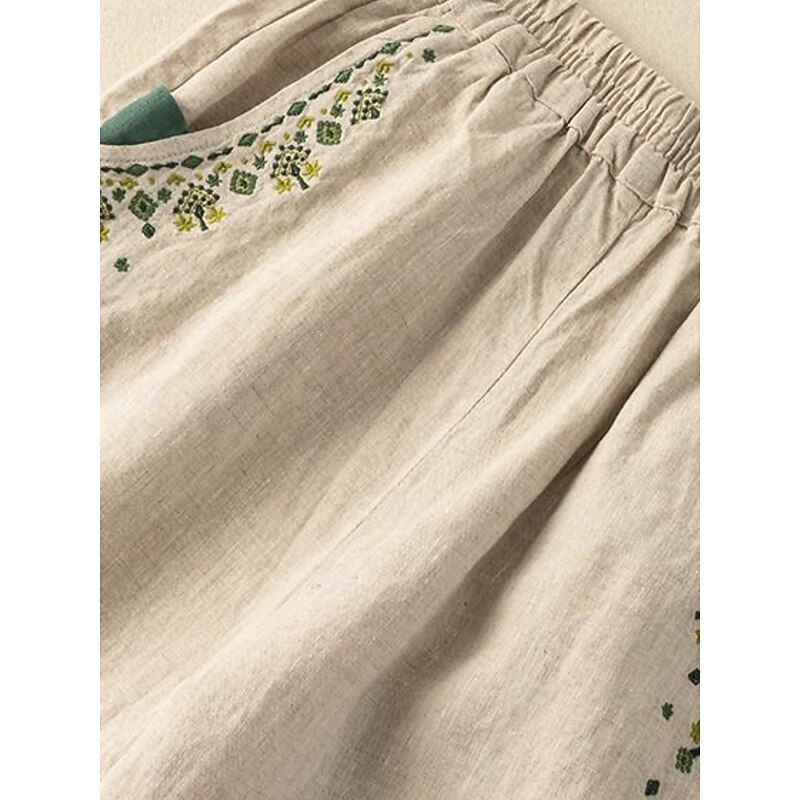 Women's Cotton Linen Pants Baggy Pants Chinos Fashion Streetwear Ethnic Style Full Length High Waist Floral Embroidered Pocket Elastic Waistband Comfy Soft Comfortable Micro-elastic Outdoor Street2