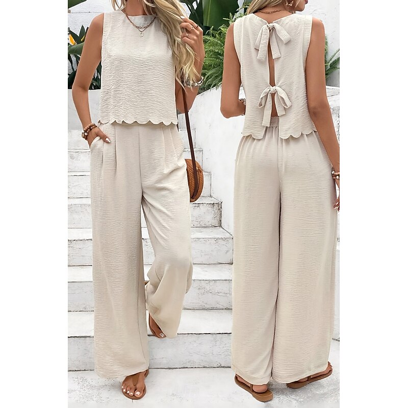 Women's Active Streetwear Blouse Pants Sets Sleeveless Crew Neck Solid Color Backless Going out Weekend Black Dark Navy Orange Summer Regular Fit