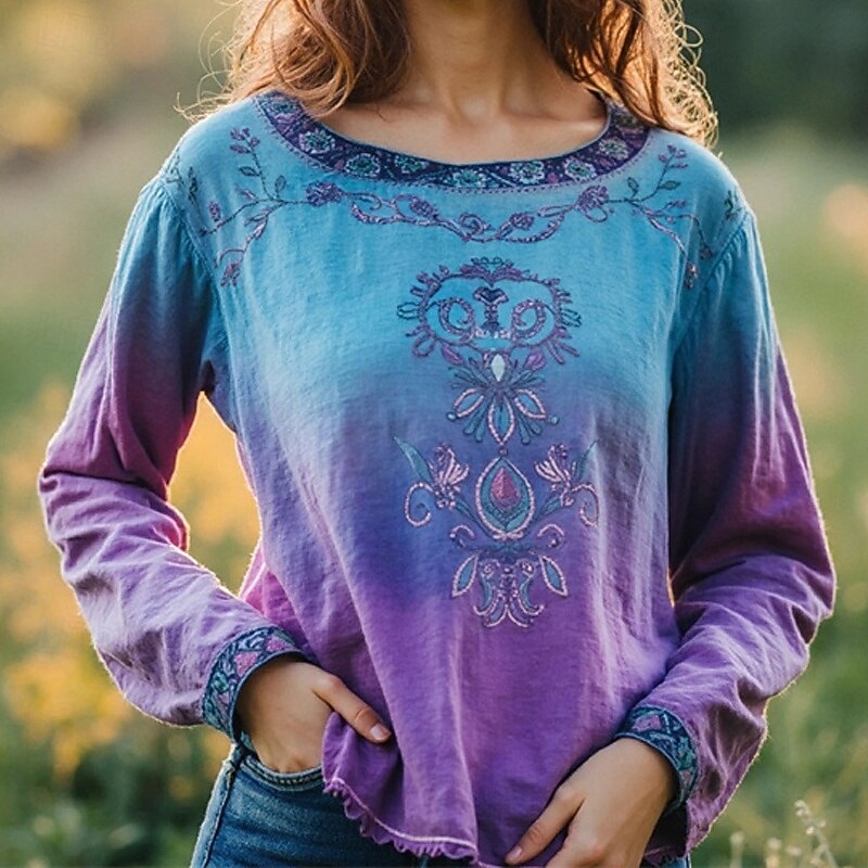 Women's Cotton Linen Shirts Boho Shirt Plain Flower Daily Stylish Basic Long Sleeve Crew Neck Regular Tops Work Daily Holiday Print Blue Purple Orange Light Blue Spring Fall2