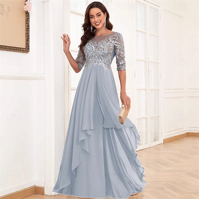 Dress Mother of the Bride Dress Elegant Simple Crew Neck Floor Length Chiffon Half Sleeve with Solid Color4