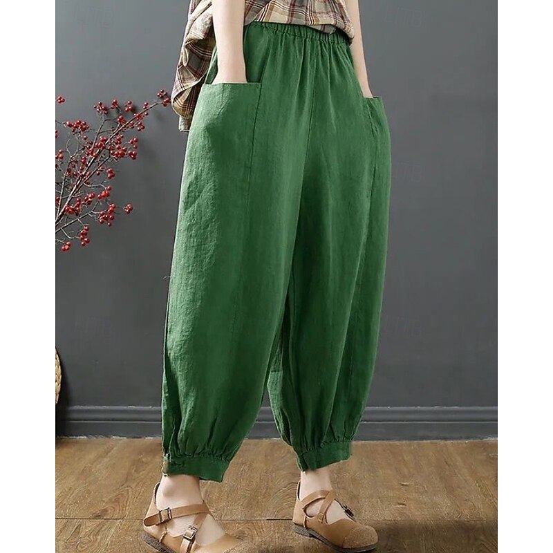 Women's Cotton Linen Pants Slacks Streetwear Casual Full Length Natural Plain Pocket Elastic Waist Outdoor Comfortable Outdoor Vacation Apricot Black Blue Green Summer Regular Fit3
