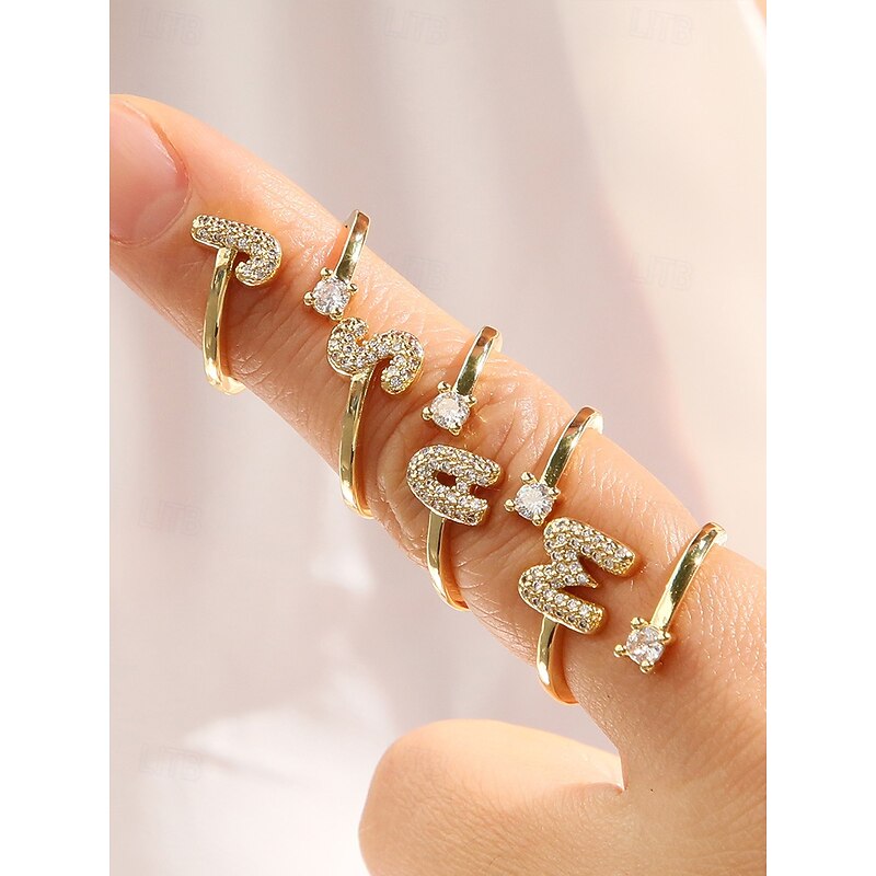 Gold Initial Ring for Women - Adjustable A-Z Alphabet Ring with Beads or Crystals - Personalized Name Jewelry for Everyday Wear, Graduation Season Gift or Special Occasion2