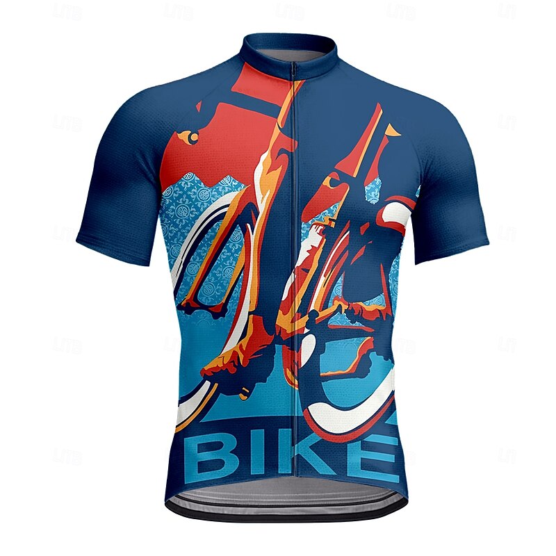Men's Cycling Jersey Graphic Geometric Letter & Number Short Sleeve Bike Tee Tshirt Jersey Top with 3 Rear Pockets UV Resistant Quick Dry Front Zipper Reflective Strips Sports Blue Clothing Apparel