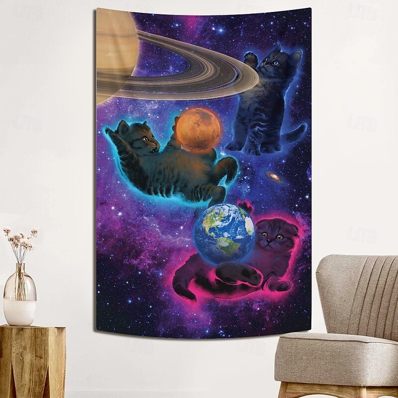 "Cosmic Kittens" by Vincent Hie Blacklight Tapestry Glow in the Dark Glow Party UV Reactive Trippy Misty Hanging Tapestry Wall Art Mural for Living Room Bedroom4