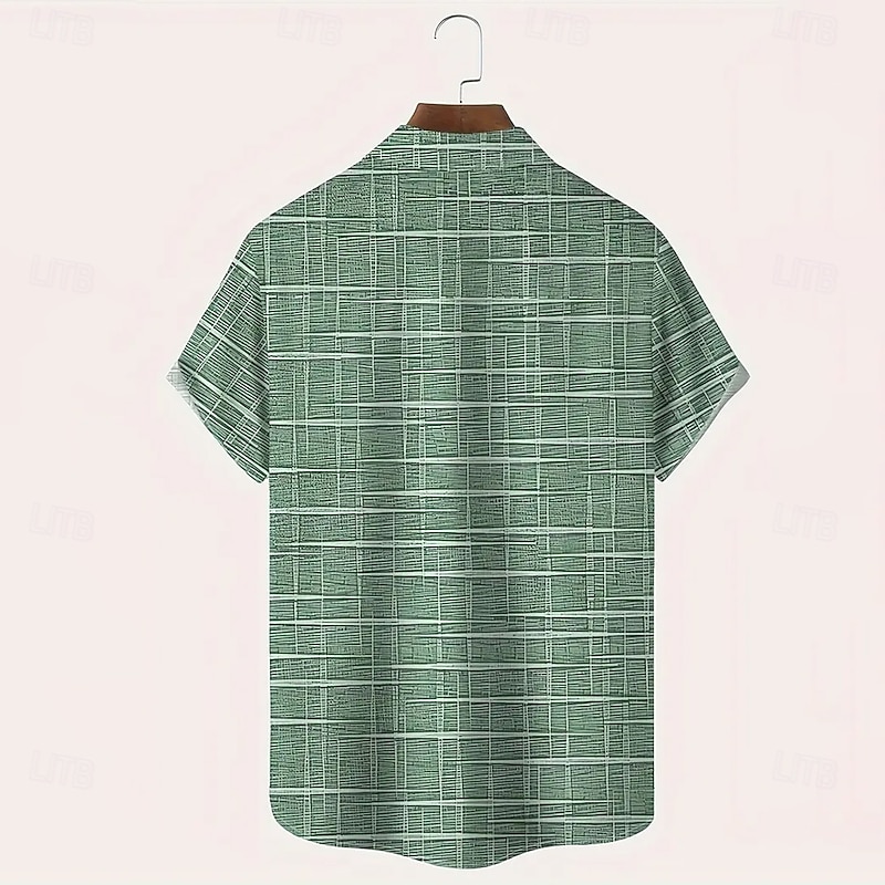 Men's Geometric Grid / Plaid Shirt Casual Shirt Button Up Shirt Short Sleeve Fashion Casual Outdoor Vacation Dailywear Summer Turndown 3D Print Front One Pocket Linen Like Shirt Black Blue Green2