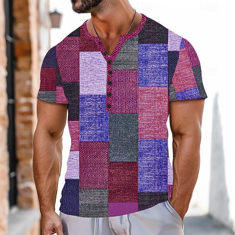 Men's Faux Patchwork Pattern T Shirt Henley Shirt Short Sleeve Sports Fashion Designer Outdoor Street Casual Summer Pink Orange Henley Henley T-Shirt2