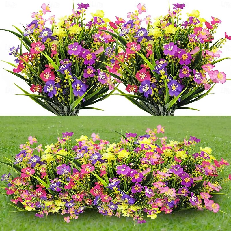 10pcs Artificial Flower Spring Grass and Small Chrysanthemum Flowers, Faux Green Plants and Water Grass, Home Wedding Decoration, Plastic Fake Flowers for Indoor Decor
