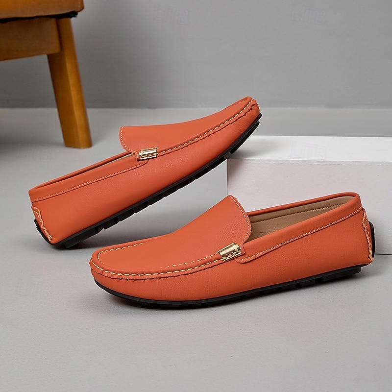 Men's Orange Leather Slip-On Loafers with Gold Zipper Detail, Comfortable Casual Shoes, Perfect for Everyday Wear and Vacation Adventures3